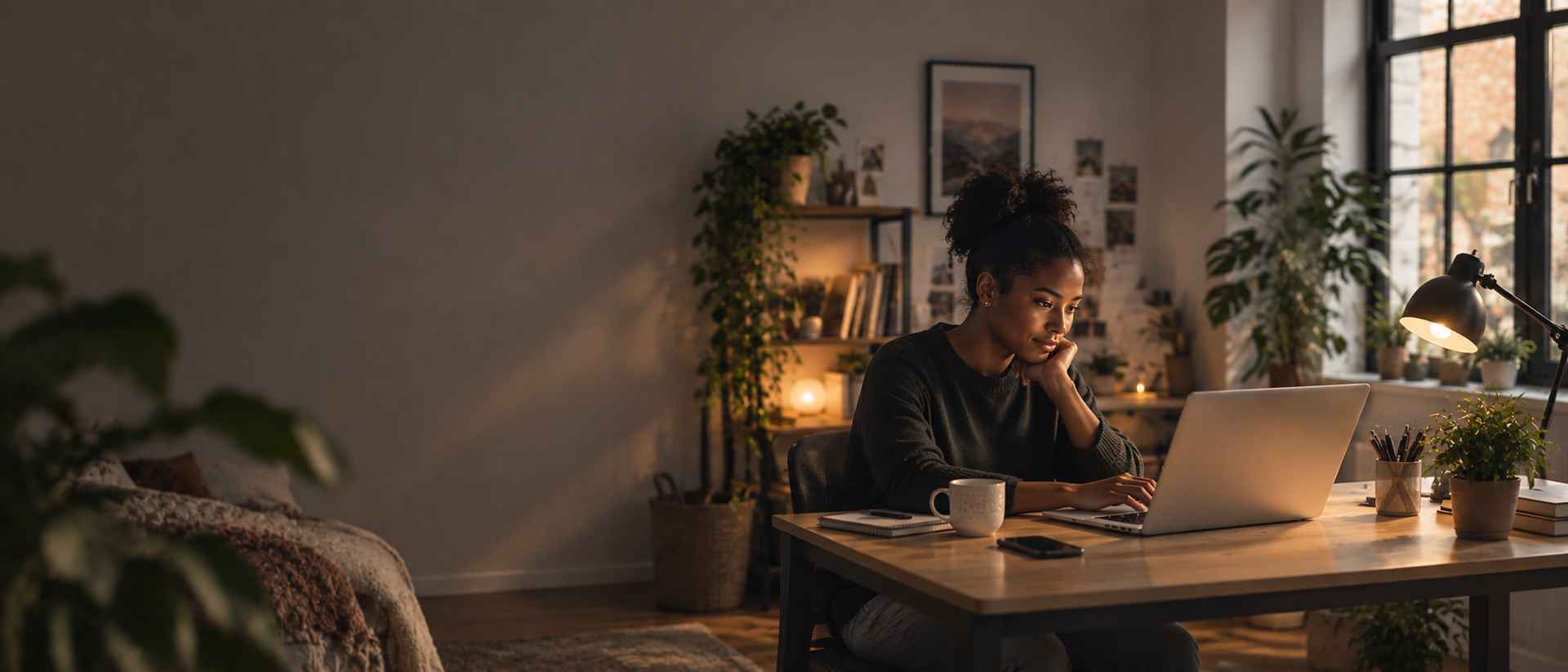Person working at a laptop in a warm home workspace at dusk.
