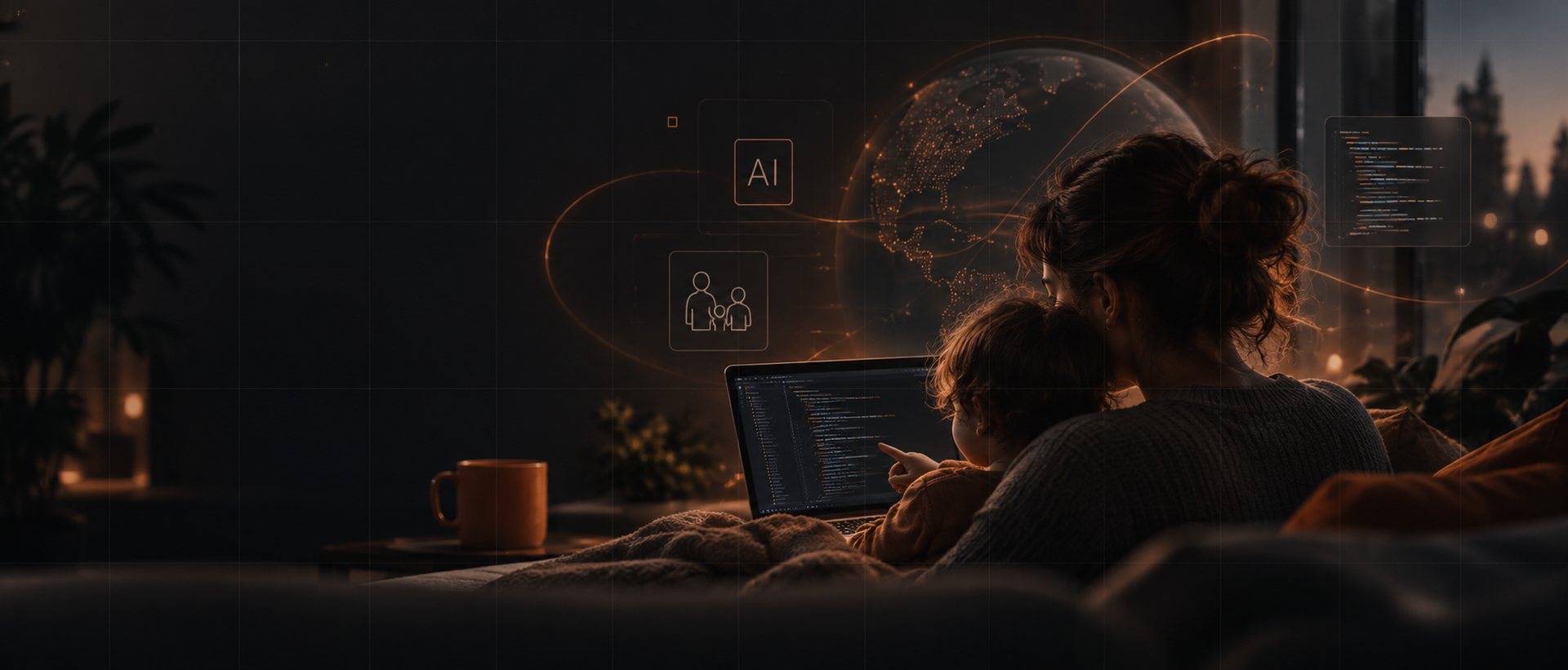 A family together at home in the evening, laptop open