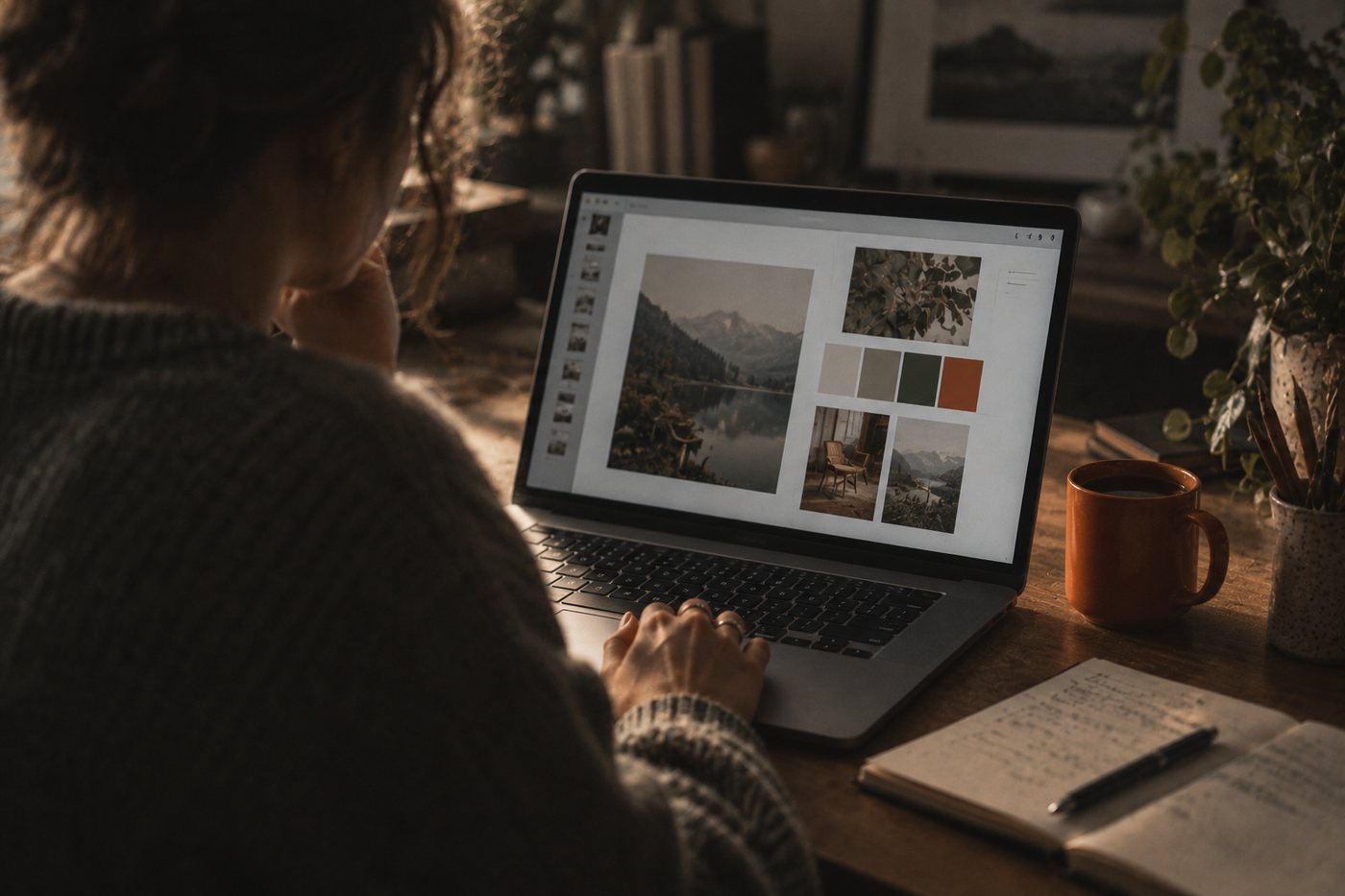 Reviewing design work at a desk
