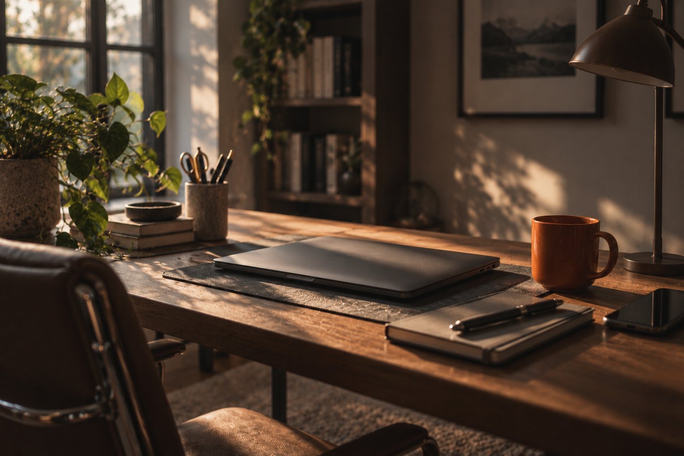 An empty desk in morning light