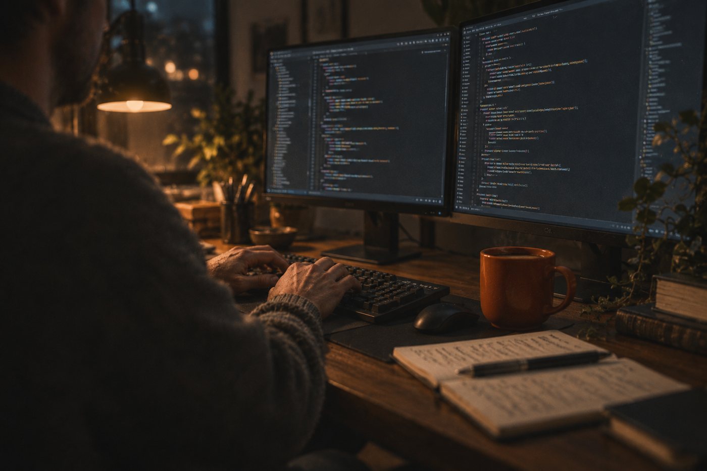 Working at a desk with two monitors of code